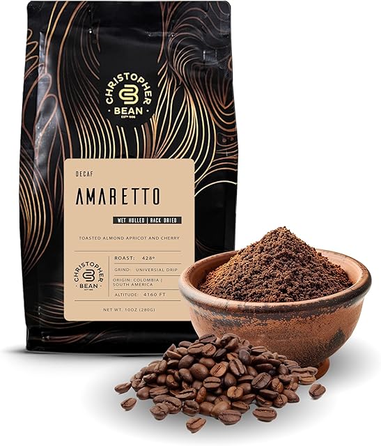 Christopher Bean Coffee - Certified Kosher - Decaf Ground Amaretto Flavored Coffee Medium Roast, Relaxing After Dinner & Drink | Amaretto Coffee 100% Arabica, No Sugar, No Fats, Non-GMO | 10-Ounce