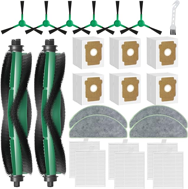 25Pcs Replacement Parts for iRobot Roomba 104 Combo/ 105 Vac/ 105 Combo/ 105 Combo+/ Vac 2/ (Q0520/Q052) Robot Vacuum, 2 Roller Brush 6 Filter 6 Dust Bag 4 Rags 6 Side Brushes 1 Cleaning Brush