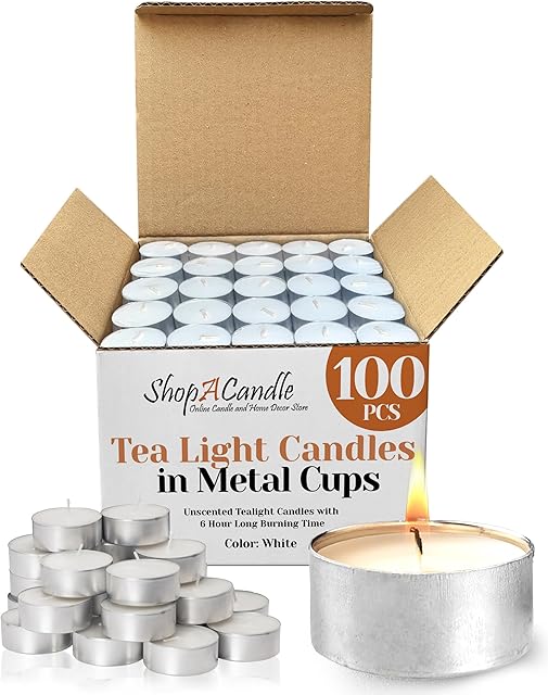 100 Pack Tealight Candles in Metal Cups - Clean White Unscented with 6 Hour Long Burning Time - Votive Candles Bulk for Romantic Dinner, Weddings, Spa & Hotels by PARNOO