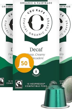 Cru Kafe Decaf USDA Organic Espresso Coffee Capsules (50 Pods) Fairtrade Coffee Pods Compatible with Nespresso Original Line and Pixie Machines
