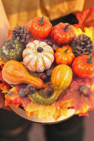 DomeStar 50PCS Fake Pumpkins and Pine Cones Set, Fall Decorations Mini Fake Pumpkins for Decorating Fall Baby Shower Decor, Halloween Thanksgiving Decor and Table Centerpieces