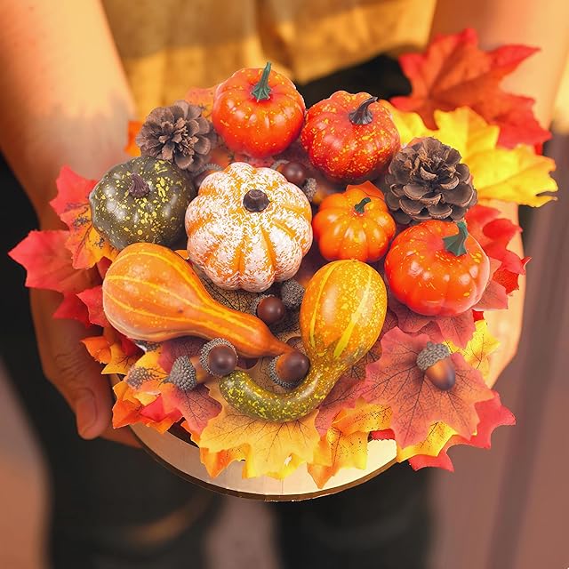 DomeStar 50PCS Fake Pumpkins and Pine Cones Set, Fall Decorations Mini Fake Pumpkins for Decorating Fall Baby Shower Decor, Halloween Thanksgiving Decor and Table Centerpieces