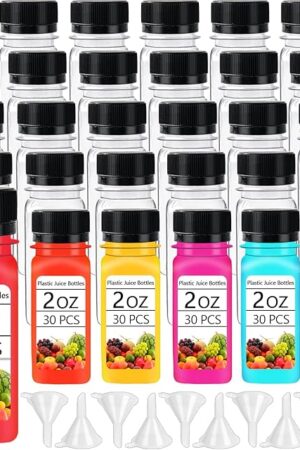 30PCS 2oz Small Plastic Shot Bottles with Caps,Reusable Clear Juice Containers,Empty Plastic Containers with 10 Funnels for Ginger Shots,Liquids,Beverages