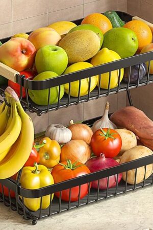 2 Tier Fruit Basket for Kitchen Counter with 2 Banana Hangers, Detachable Metal Bowl with Wooden Handle | Protective Mats, Large Capacity Holder for Fruits, Bread & Snacks, 2025 Upgrade