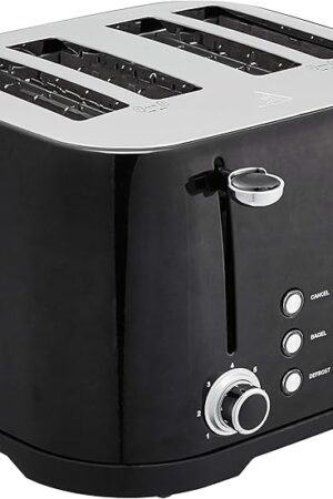 Amazon Basics 4 Slice Toaster, 6 Browning Settings, Removable Crumb Tray, Bagel and Defrost Function, Cancel Button, 1600W, Black