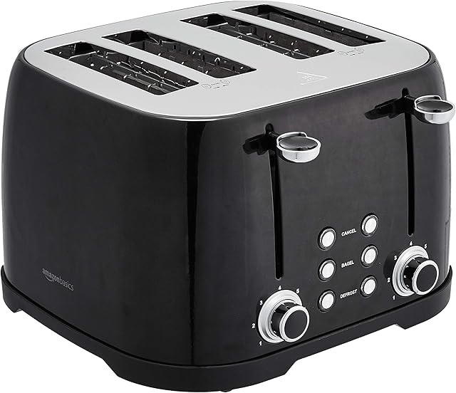 Amazon Basics 4 Slice Toaster, 6 Browning Settings, Removable Crumb Tray, Bagel and Defrost Function, Cancel Button, 1600W, Black