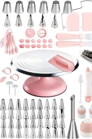 Cake Decorating Kit, 138pcs Cake Decorating Supply with Aluminium Cake Turntable, 64 Numbered Icing Piping Tips, 2 Spatulas, 3 Icing Comb Scraper and Leveller, 32 Piping Bags,cake decorating tool