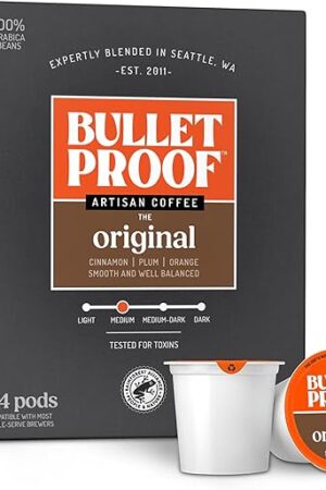 Bulletproof Original Medium-Roast Single-Serve Coffee Pods, 24 Count, 100% Arabica Beans, Clean Coffee Tested for Toxins, Packaging May Vary