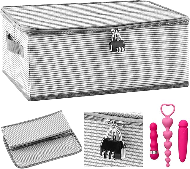 Discreet Lockable Adult Toy Storage Organizer Adult Toy Bag Storage Bins Case with Zipper Lid 15 x 10 x 5.9 Inches for Women and Men Clothes Container(Gray Stripes)