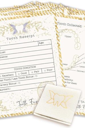 20 Tooth Fairy Receipt Cards and 1 Tooth Fairy Bag | Tooth Fairy Gifts for Boys and Girls | Tooth Fairy Certificate Keepsake for Kids (Light Gold, 4.25x5.5 in)