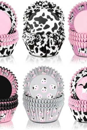 Vesici 600 Pcs Cow Print Cupcake Liners Wrappers 2 x 1.2 Inch Cute Pink Cupcake Wrapper Cups for Baking Western Cowgirl Themed Party Cake Decor for Birthday Wedding Bridal Shower Baby Shower Supply