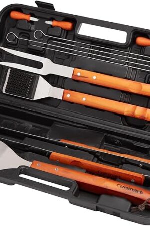 Cuisinart 13-Piece Wooden Grill Tool Set, BBQ Accessories and Grill Tools, Durable Stainless-Steel Utensils with Recycled Plastic Case, Spatula, Tongs, Cleaning Brush & More, Grilling Gifts for Men