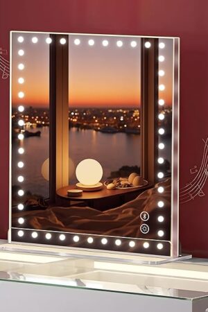 VANITII Makeup Mirror with 48pcs LED Lights 12"x9" Hollywood Vanity Mirror with 3 Color Modes and Dimmable Smart Touch Light Up Mirror with 10X Magnification for Tabletop Dormitory