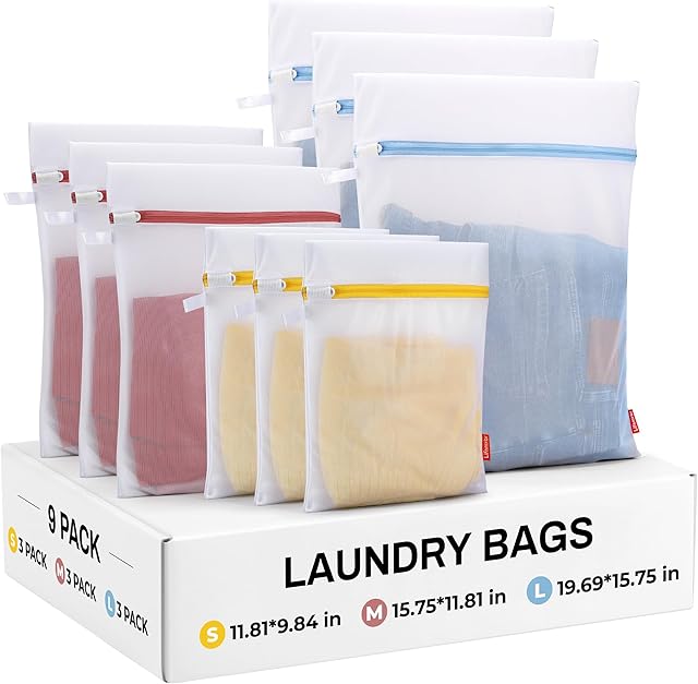 9 Pack Laundry Bag, Mesh Laundry Bags with Sturdy Zipper, Hanging Loop and Breathable Fine Net, Artisans Made Wash Bags for Lingerie, Delicates, Underwear, Pants, Shoes, Socks