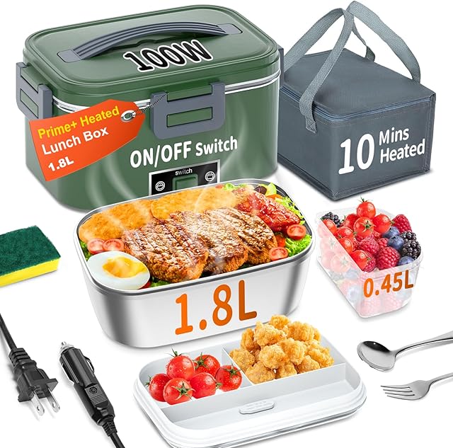 Electric Heated Lunch Box for Adults with 1.8L Container, ON/OFF Power Switch & 0.6L Double Layer, Portable 100W 3-IN-1 Fast Heating Food Warmer for Men, 12V/24V/110V for Car Truck Office