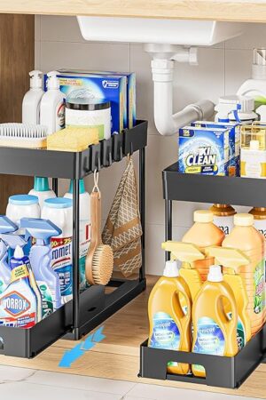 Delamu 2 Pack Under Sink Organizers and Storage, 2 Tier Pull Out Under Cabinet Organizer, Black Under Sink Storage for Bathroom Kitchen, Under Counter Storage organizer with 8 Hooks