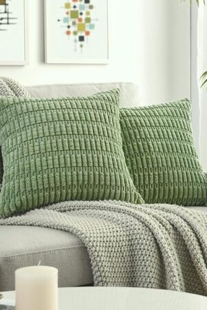 Volcanics Pack of 2 Sage Green Decorative Throw Pillow Covers 18x18 Inch, Soft Corduroy Striped Square Cushion Cases, Modern Farmhouse Boho Home Decor for Spring Couch Bed Sofa Living Room