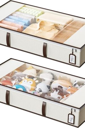 Yecaye 54L Under Bed Storage Containers, 2 Pack Foldable Underbed Storage Bins, Clothes Organizer with Clear Window & 3 PU Leather Handles, Zippered Organization Bags for Blankets, Comforter, Sweaters