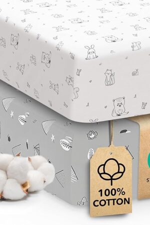 Cotton Crib Sheets 2 Pack – Sweety Fox Mini Fitted Sheets for Baby Boys and Girls, Soft Jersey Knit for Crib or Toddler Bed, Woodland Print