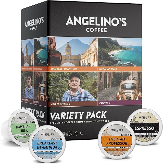 Angelino's Coffee Reserve Collection Coffee Pods Variety Pack, Medium & Dark Roast Coffee K Cups Compatible, 24 Count for Keurig Brewers, Includes Breakfast in Antigua, Hawaiian Hula, Mad Professor, and Espresso