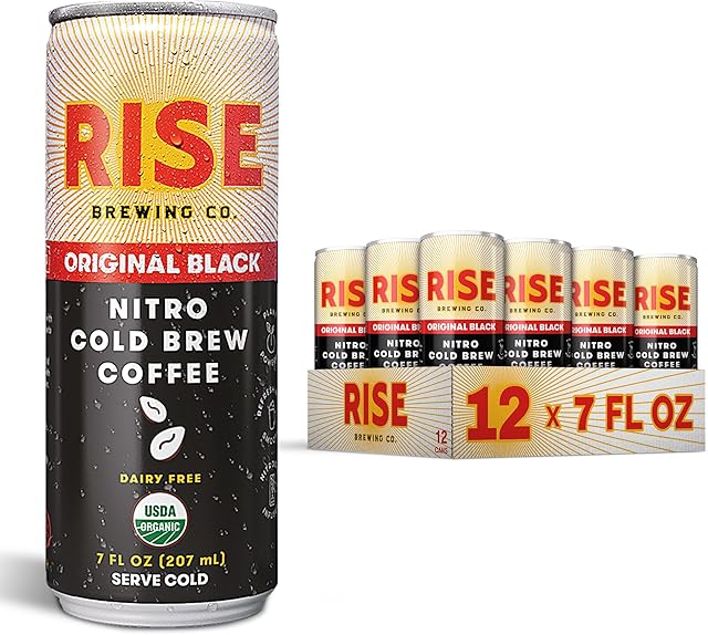 RISE Brewing Co. Original Black Nitro Cold Brew Coffee, No Sugar, Vegan, Organic & Non-GMO, Low Acidity, 7 Fl. oz. Cans (12 Pack)