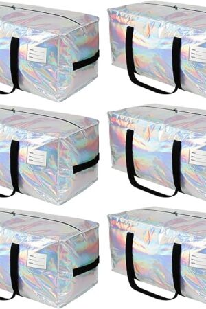 6 Pack Heavy Duty Moving Bags Extra Large Waterproof Foldable Clothing Storage Totes Bags with Zipper,Reinforced Handles,Packing Moving Boxes for Dorm & Seasonal Storage,Iridescent