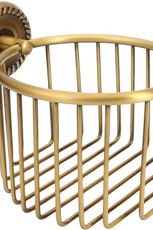 Vintage Bronze Wall Mounted Toilet Paper Holder – Antique Brass Bathroom Accessories Tissue Dispenser with Stable Metal Stand, Wire Basket Storage Rack - for Roll with Diameter <5inch Only