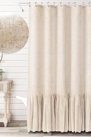 Awellife Farmhouse Shower Curtain Ruffle Linen Textured Boho Shower Curtain for Bathroom, Beige 72" W x 72" L