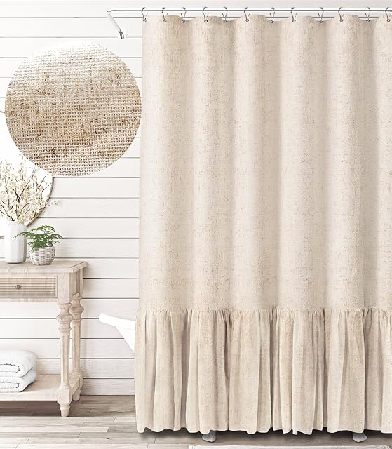 Awellife Farmhouse Shower Curtain Ruffle Linen Textured Boho Shower Curtain for Bathroom, Beige 72" W x 72" L