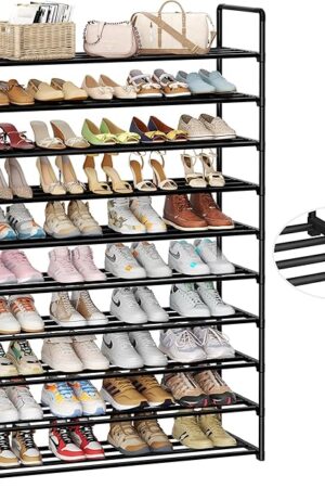10-Tier Shoe Organizer - Large Metal Shoe Rack with Hooks, Fits 40-50 Pairs, Ideal for Closet, Entryway, Garage, Bedroom