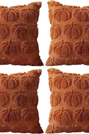4 Pcs Fall Throw Pillow Covers 18x18, Autumn Decorations Soft Faux Fur Pillow Covers, Fluffy Plush Accent Pillow Cases for Harvest Thanksgiving Cushion Covers Sofa Home Decor(Pumpkin Rust A)