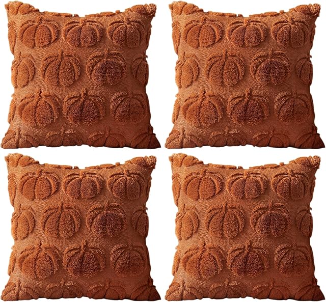 4 Pcs Fall Throw Pillow Covers 18x18, Autumn Decorations Soft Faux Fur Pillow Covers, Fluffy Plush Accent Pillow Cases for Harvest Thanksgiving Cushion Covers Sofa Home Decor(Pumpkin Rust A)