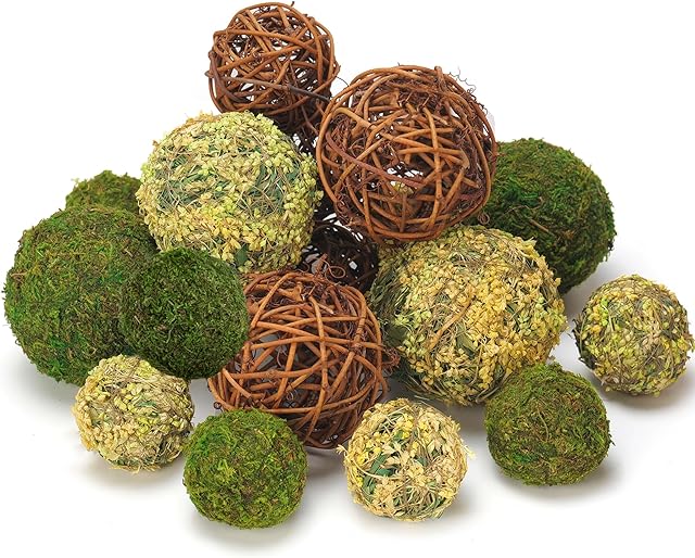 BYHER Decorative Balls for Centerpiece Bowls, 18pcs Fake Moss Balls + Wicker Rattan Balls Set Vase Bowl Filler for Home Garden Wedding Party Decor (Fresh Green + Rustic Brown)