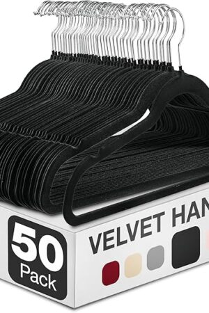 Zober Velvet Hangers 50 Pack - Black for Coats, Pants & Dress Clothes - Non Slip w/ 360 Degree Swivel, Holds up to 10 lbs - Strong Felt Hangers for Clothing