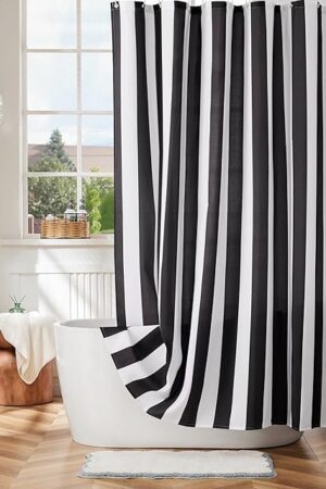 Vertical Striped Shower Curtain, Cute Retro Vintage Black and White Stripe Bathroom Shower Curtain, Waterproof Polyester Fabric Modern Bath Curtain for Bathroom 72x72 Inches