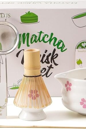 5pcs Premium Matcha Set,Ceramic Bowl with Spout and Bamboo Whisk set, Ceremonical Matcha Kit for breakfast/latte,Tea Starter Making Kit,Unique Matcha Gift set (sakura)