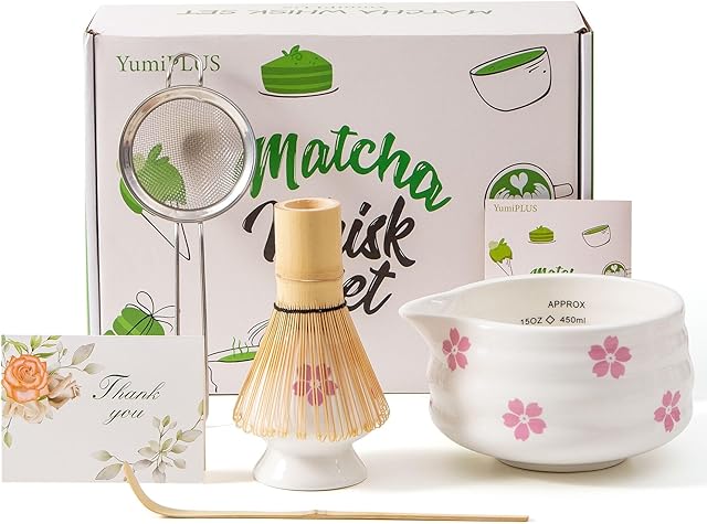 5pcs Premium Matcha Set,Ceramic Bowl with Spout and Bamboo Whisk set, Ceremonical Matcha Kit for breakfast/latte,Tea Starter Making Kit,Unique Matcha Gift set (sakura)