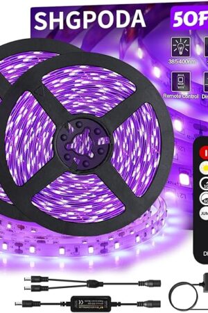 50 Foot Black Light Strip & Remote, 900LEDs, Dimmable 12V Flexible Black Lights for Glow Party, Bedroom, Hallween, Fluorescent Tapestry Poster, 3 Light Modes, Non-Waterproof