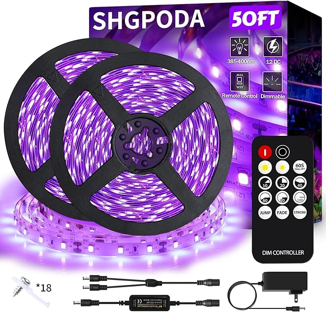 50 Foot Black Light Strip & Remote, 900LEDs, Dimmable 12V Flexible Black Lights for Glow Party, Bedroom, Hallween, Fluorescent Tapestry Poster, 3 Light Modes, Non-Waterproof