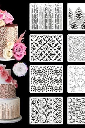 DI QIU REN 8PCS Cake Decorating Stencils & Templates, 8x9.8Inches Large Floral Cake Printing Fine Hollow Lace Cookie Fondant Dessert Cake Templates, Side Baking Mesh Stencil Tool for Cake Decor