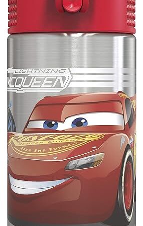 Zak Designs Disney Cars 3 - Stainless Steel Water Bottle with One Hand Operation Action Lid and Built-in Carrying Loop, Kids Water Bottle with Straw Spout is Perfect for Kids (15.5 oz, 18/8)