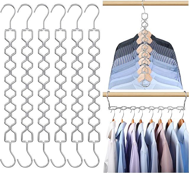 6 Pack Space Saving Hangers for Clothes, Heavy Duty 30Lbs Capacity Magic Collapsible Clothes Space Saver Metal Hanger Organizer with 360° Swivel Hook, Closet Organizers Storage Dorm Essentials Silver