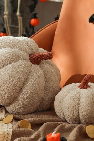 YRXRUS Pumpkin Pillows, Halloween Pumpkin Pillow Set of 2, Off White Throw Pillows Fall Room Decoration, Teddy Fleece 6x12&4x7 Inches Accent Cushion Gifts for Holiday