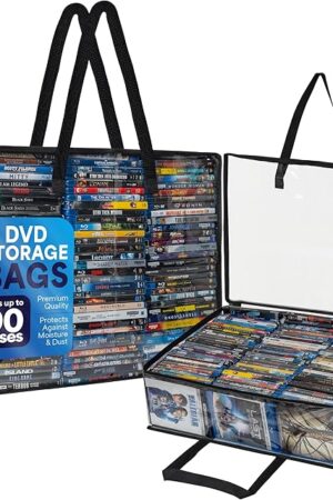 Besti Blu Ray Case Holder Organizer, Set of 2 Clear Plastic Bags with Handles for Storing Blurays, DVDs, CDs, Storage Bags for Video Game Cases, Holds Up To 90 Bluray and 60 DVD Cases (Black)