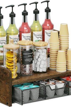 Coffee Station Organizer for Countertop, Wood Coffee Bar Organizer with Drawer, Kcup Coffee Pod Holder Storage Box, K Cup Holder Organizer for Coffee Bar Accessories