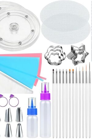 112 PCS Cookie Decorating Kit Supplies Including Acrylic Turntable Brushes Scribe Needle Bags Icing Bottle Cutter for Cookie Cupcake Cake Decoration