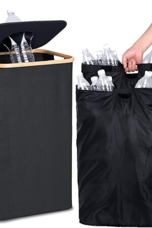 efluky Recycling Bin for Kitchen 26 Gallon, 100L Recycle Bin with 2 Removeable and Reusable Inner Bag, Large Recycling bin with lid for Bottle Can Plastice Stickers (Black)