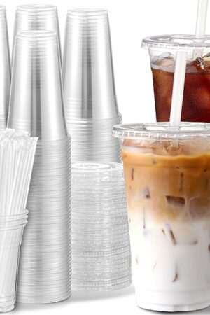 AOZITA 100 Pack, 16 Oz Plastic Cups With Lids and Straws, Iced Coffee Cups With Lids Disposable Clear Cups With Lids - for Iced Coffee, Smoothie, Milkshake and Cold Drinks