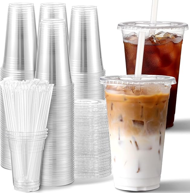 AOZITA 100 Pack, 16 Oz Plastic Cups With Lids and Straws, Iced Coffee Cups With Lids Disposable Clear Cups With Lids - for Iced Coffee, Smoothie, Milkshake and Cold Drinks