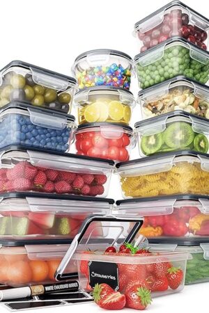 Chef's Path 32 Piece Airtight Food Storage Containers with Easy Snap Lids, 16 Containers and Lids, Stackable Kitchen and Pantry Canisters for Meal Prep and Food Storage - Transparent